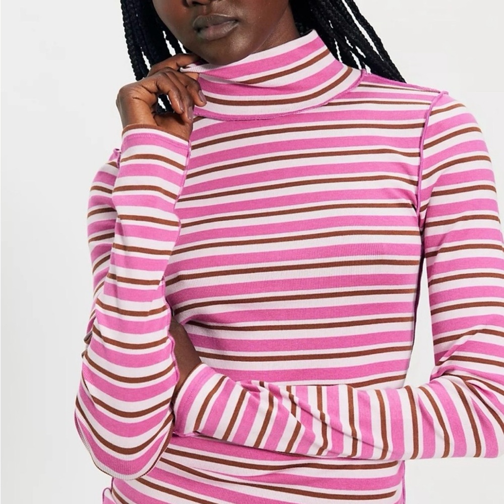 We The Free Pink Brown Striped Turtleneck Top Free People $58 Shirt Summer Night
